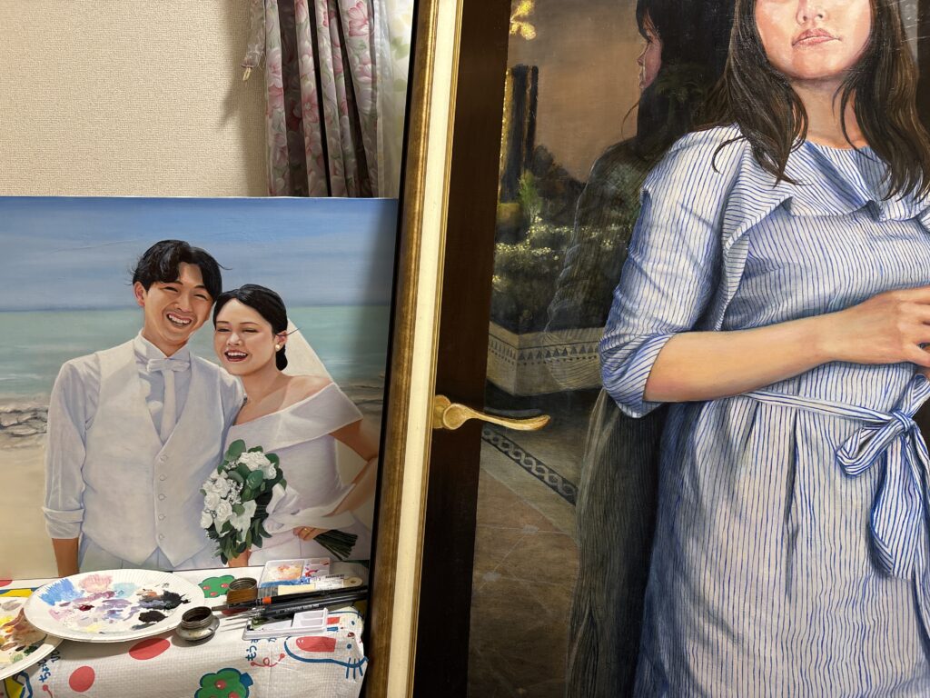 公募展に出す、油絵肖像画「明日を想う窓辺」「Endless Summer」の二枚。制作中の画像